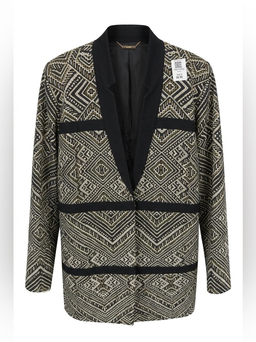 chic Black & Cream Geometric Open-Front Blazer